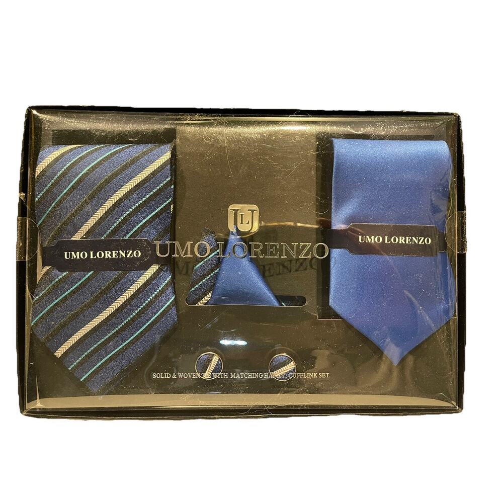 Umo Lorenzo Solid Woven Tie Set W/ Matching Hanky, Cuff Link Set - Blue